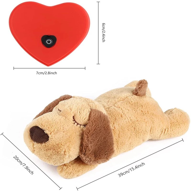 Calming Frenchie Heartbeat Toy dimensions: plush 39 x 20 cm, heartbeat module 7 x 6 cm