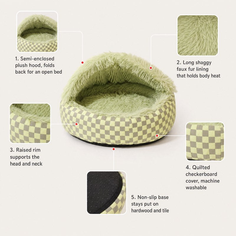 Hooded Frenchie Donut Bed feature overview: plush hood, faux fur lining, raised rim, washable cover, non-slip base