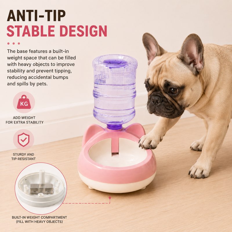 French Bulldog next to the anti tip weighted base of the water bowl