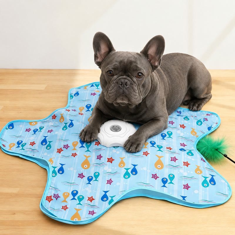 French bulldog lying on the automatic self play teaser toy mat