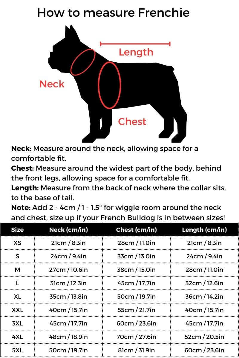 Basketball French Bulldog Vest size guide