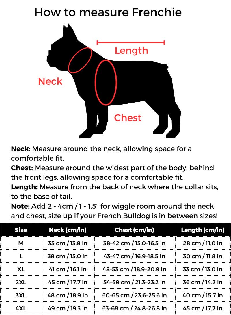Bubble Hood Frenchie Rain Suit size guide