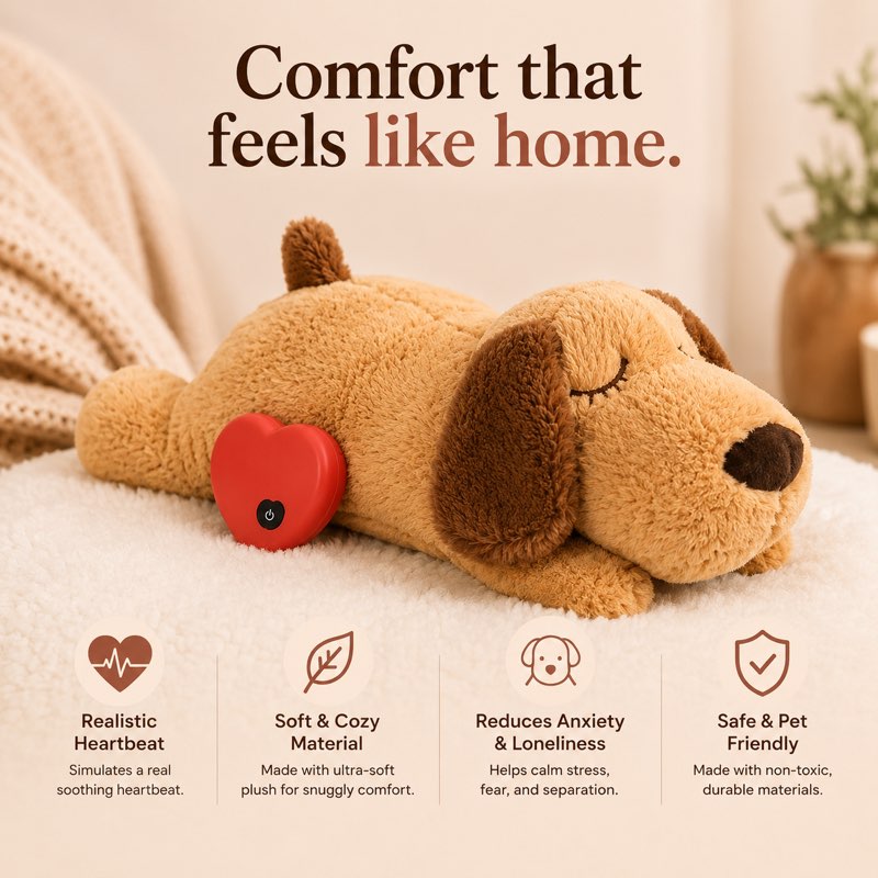 Calming Frenchie Heartbeat Toy plush with red heart-shaped heartbeat module and key features