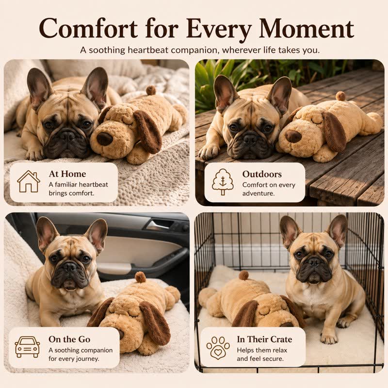 French bulldog relaxing with the Calming Frenchie Heartbeat Toy at home, outdoors, in the car and in the crate