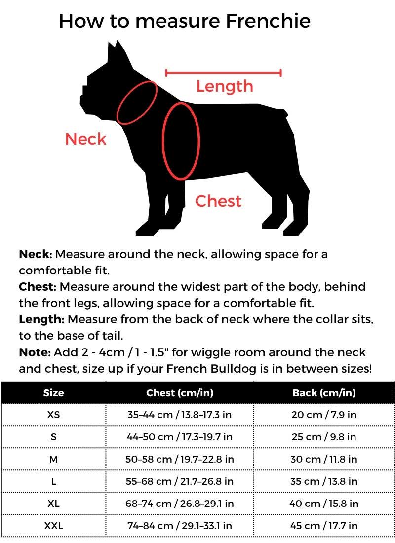 Camo French Bulldog Swimming Vest size guide