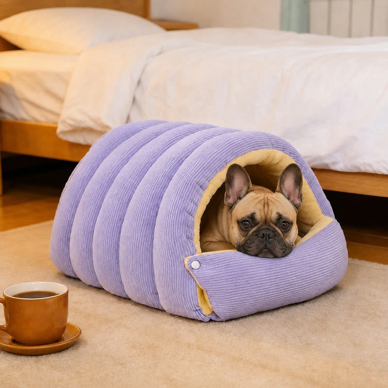 French Bulldog resting its chin on the front flap of the purple cave bed in a bedroom