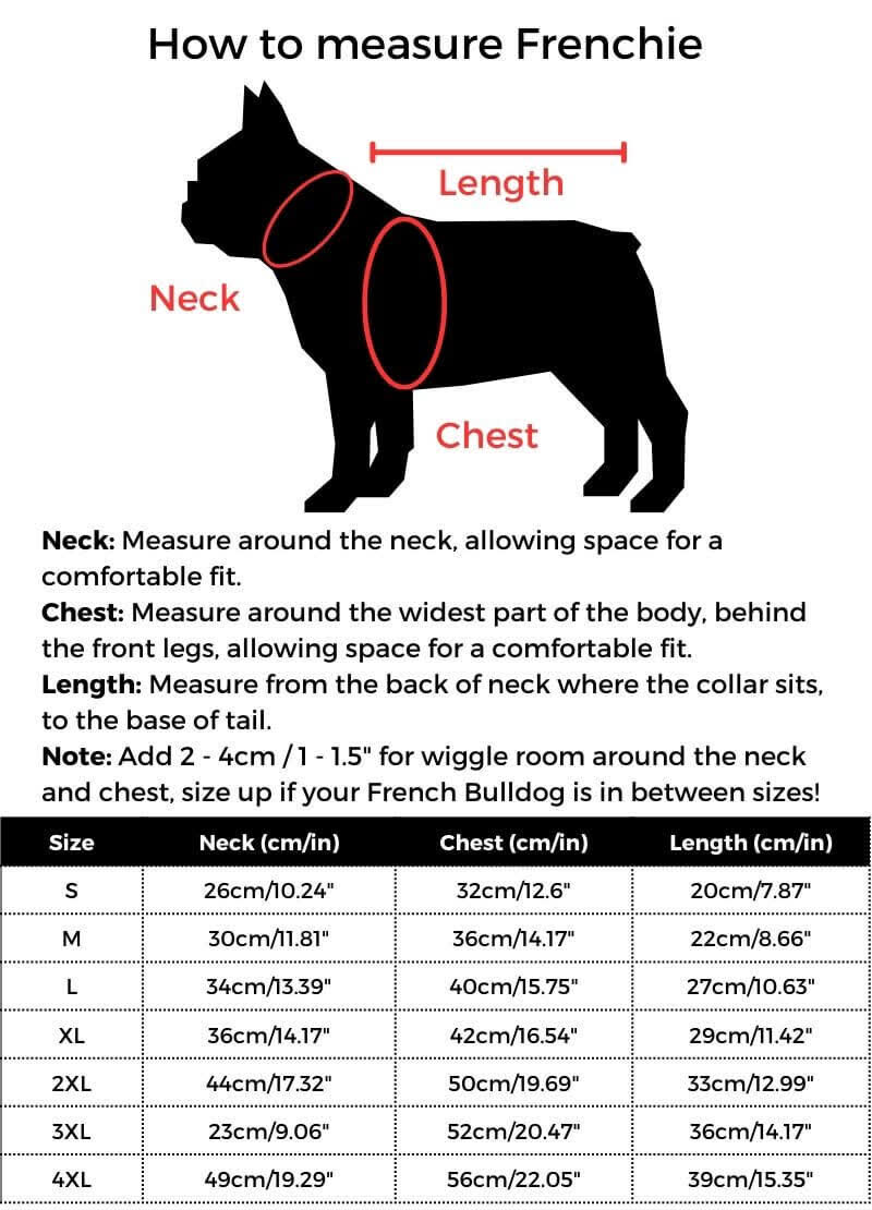 Denim French Bulldog Vest size guide