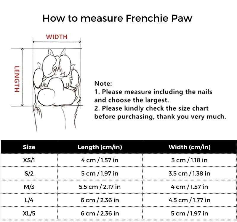 French Bulldog Winter Boots size guide