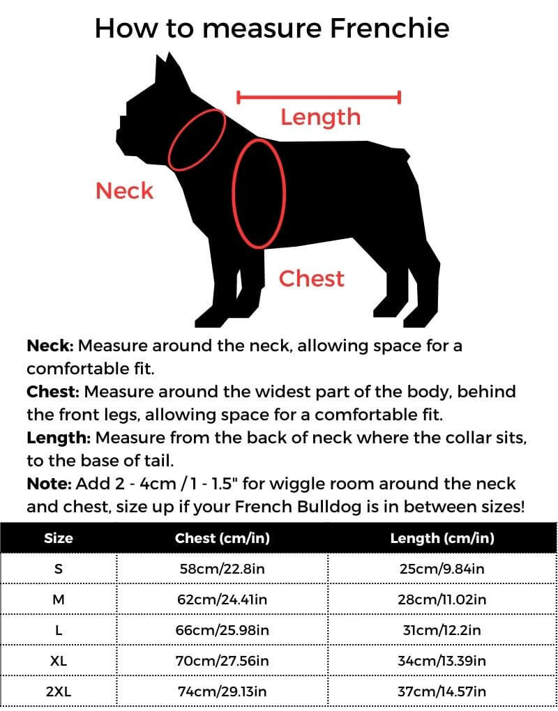 GreenDino French Bulldog Costume size guide