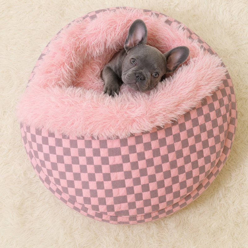 French Bulldog peeking out of the pink Hooded Frenchie Donut Bed, top view