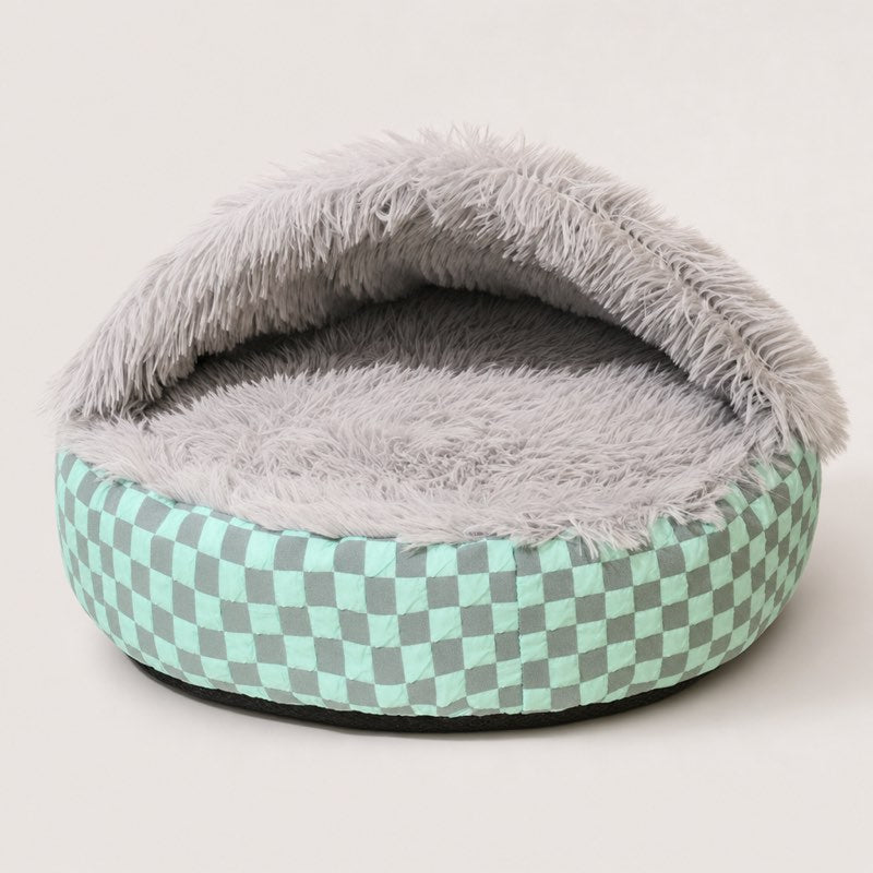 Gray Hooded Frenchie Donut Bed studio shot