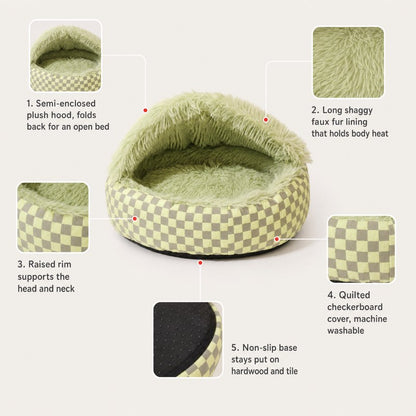 Hooded Frenchie Donut Bed feature overview: plush hood, faux fur lining, raised rim, washable cover, non-slip base