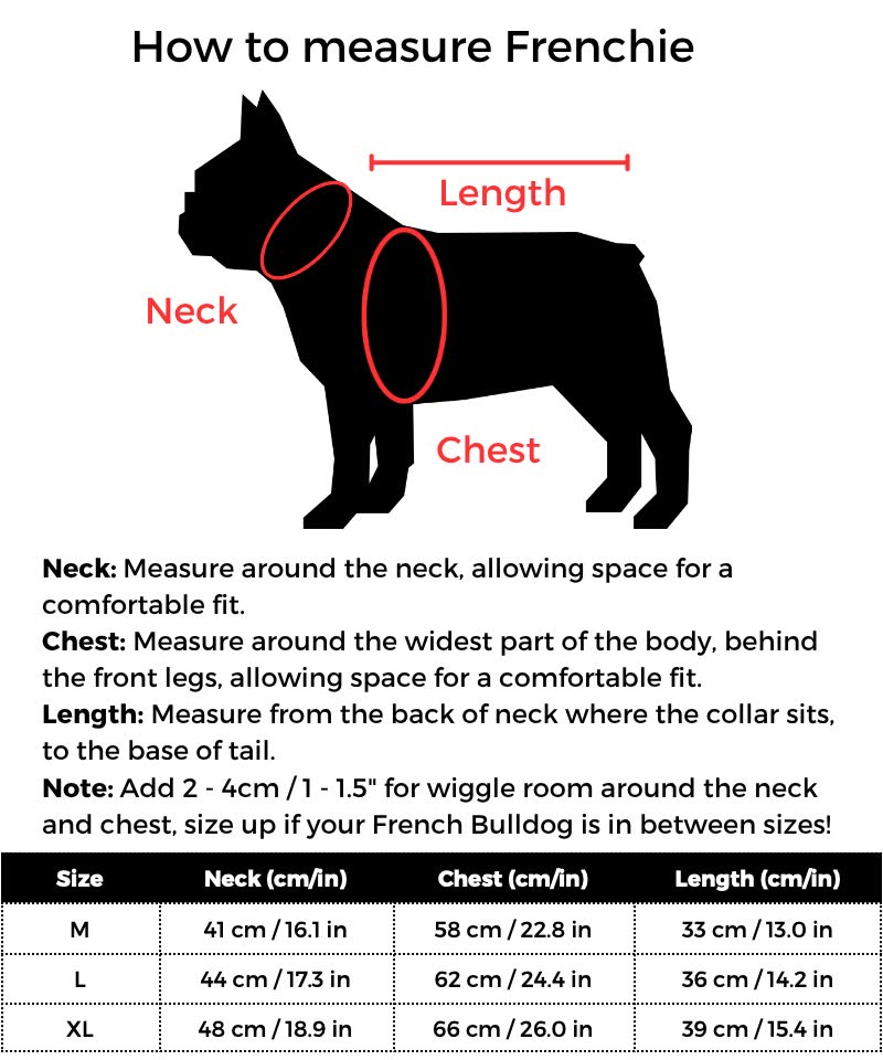 Hooded Frenchie Rain Poncho size guide