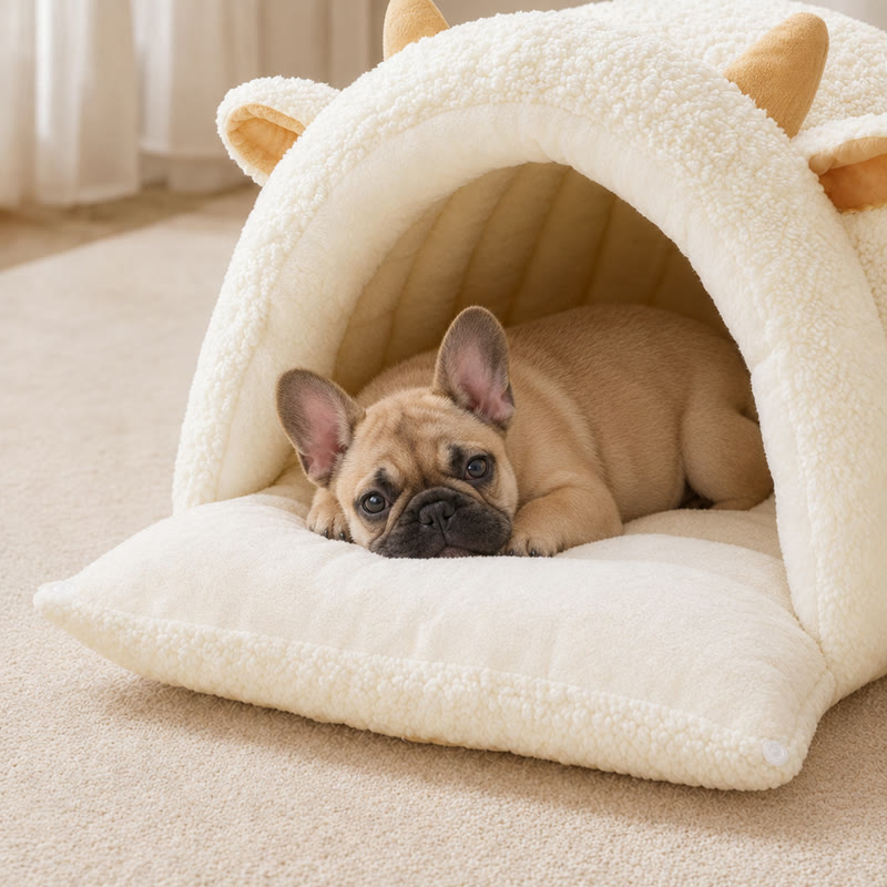 White Lamb Frenchie Cave Bed with the front flap folded out as a cushion and a fawn French bulldog resting on it