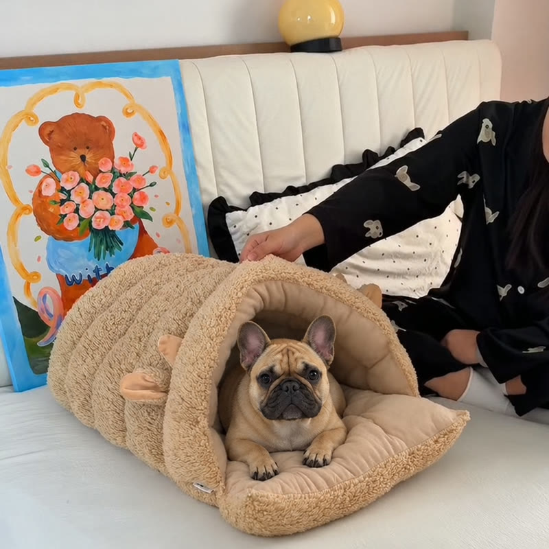 Beige Lamb Frenchie Cave Bed with a fawn French bulldog lying on the folded-out front flap