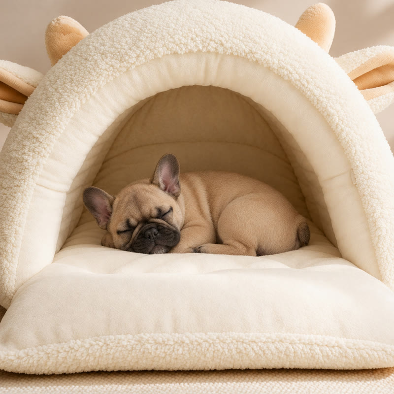 White Lamb Frenchie Cave Bed with a fawn French bulldog asleep inside the cave