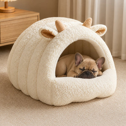 White Lamb Frenchie Cave Bed with a fawn French bulldog sleeping in the doorway of the cave
