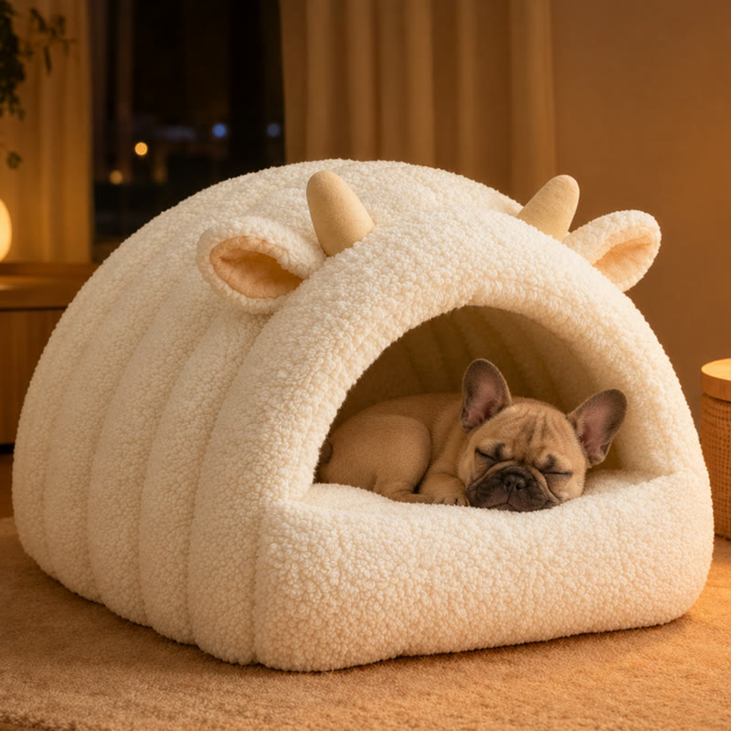 White Lamb Frenchie Cave Bed with a fawn French bulldog asleep inside in a warm evening room