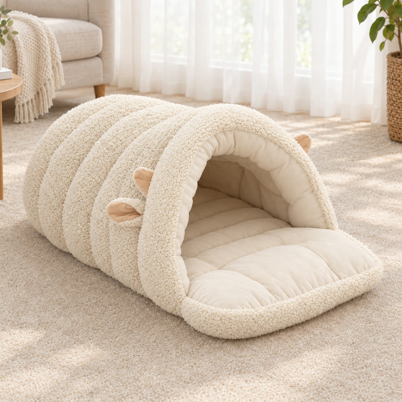 White Lamb Frenchie Cave Bed on a beige carpet with the front flap folded out as a cushion