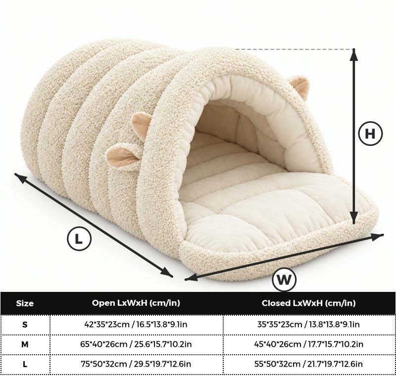 Lamb Frenchie Cave Bed size chart with length, width and height marked, open and closed dimensions for S, M and L