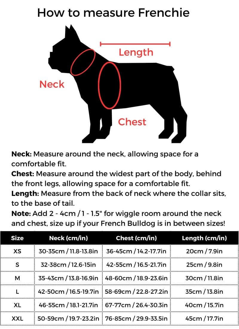 Reflective French Bulldog Life Vest size guide