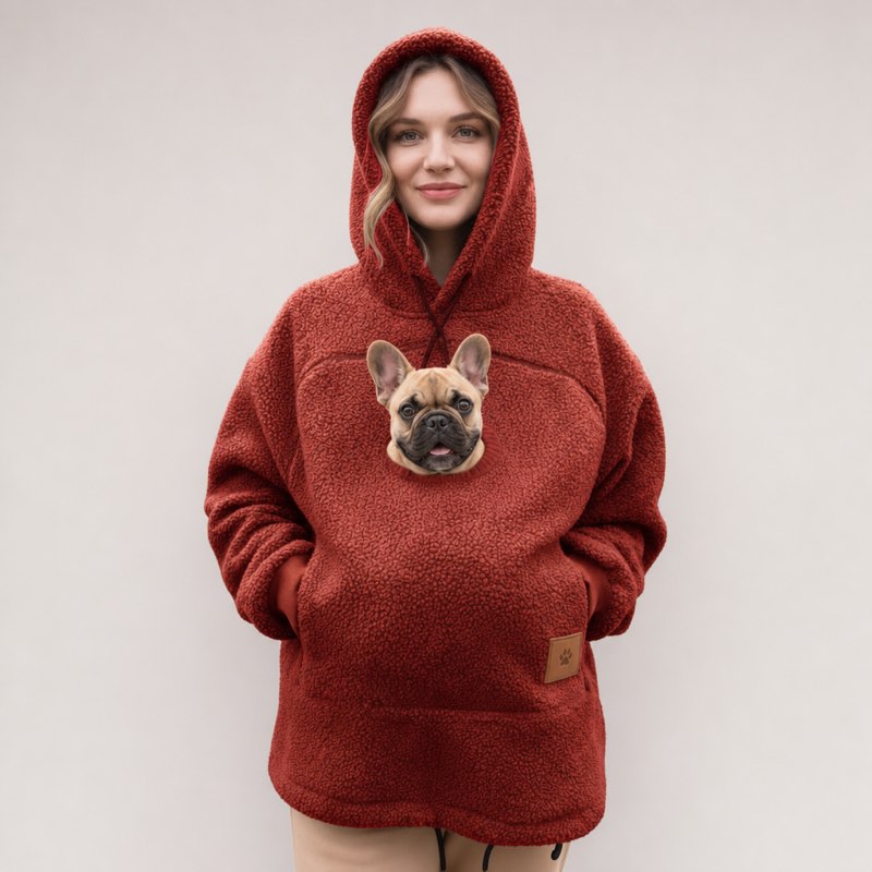 Red Sherpa French Bulldog Carrier Hoodie on a model with a Frenchie peeking out of the pouch