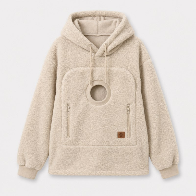 Beige Sherpa French Bulldog Carrier Hoodie front view with the round pouch opening and zippered side pockets