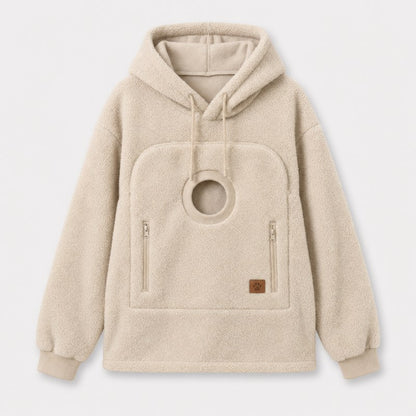 Beige Sherpa French Bulldog Carrier Hoodie front view with the round pouch opening and zippered side pockets