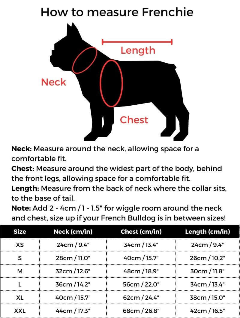 Striped French Bulldog T-Shirt size guide