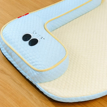Closeup of the Blue Summer Frenchie Cooling Bed raised headrest and quilted cooling fabric