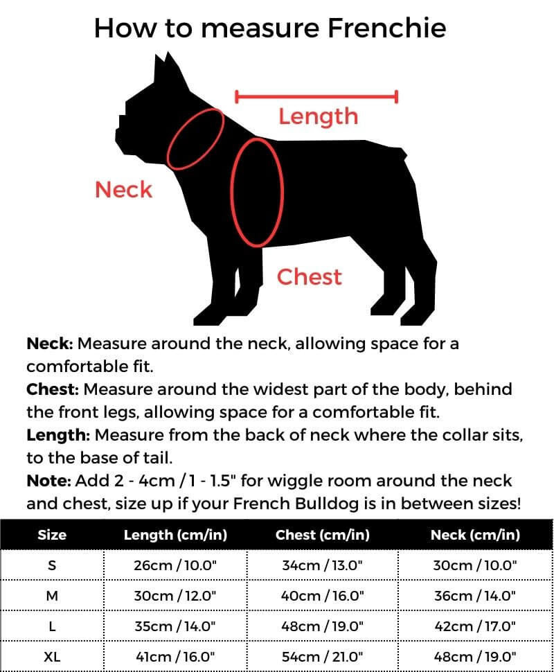 Winter Fleece Frenchie Vest size guide