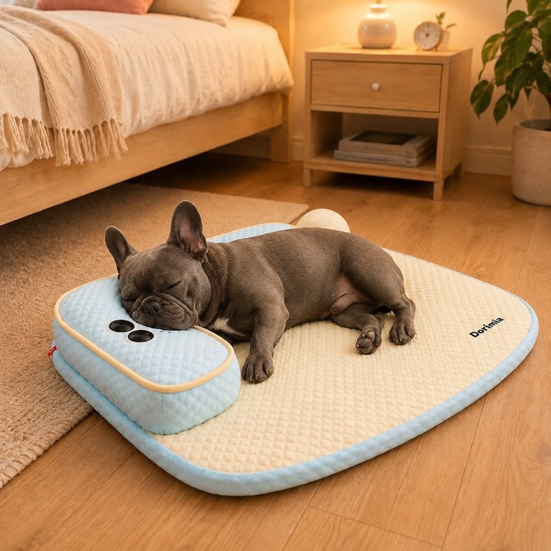 frenchie-space-summer-frenchie-cooling-bed-7 French Bulldog sleeping on the Blue Summer Frenchie Cooling Bed with raised headrest